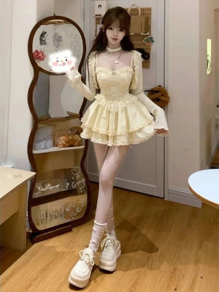 2000s French New Sweet 2 Piece Set Women Elegant Short Cardigan + Lace Strap Dress Suit Y2k Korea Fashion Desogn Party Outfits view 3