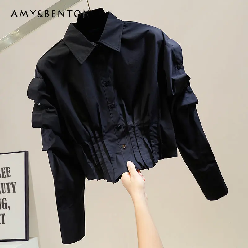 

Fashion Hollowed-out Pleated Blouse Irregular Single-Breasted Slim-Fit Short Shirt Women's Fashion Versatile Slimming Top Blusas