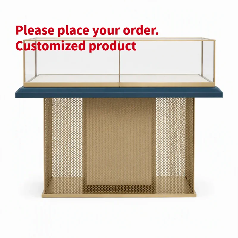 custom.Custom Brass Mesh and Peacock Blue Jewelry Store Display Fixture Set with Arched Wall Showcase