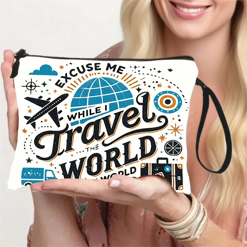 Travel-Themed Portable Folding Case - Lightweight Foldable Makeup with Zipper Closure & Top Handle, Compact Toiletry Bag Suitabl