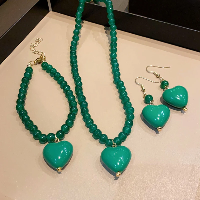 3 Pcs Green Agate Beads Pendant Necklace Elegent Earrings Bracelet Heart Necklaces Women Vintage Jewelry Set Accessories K