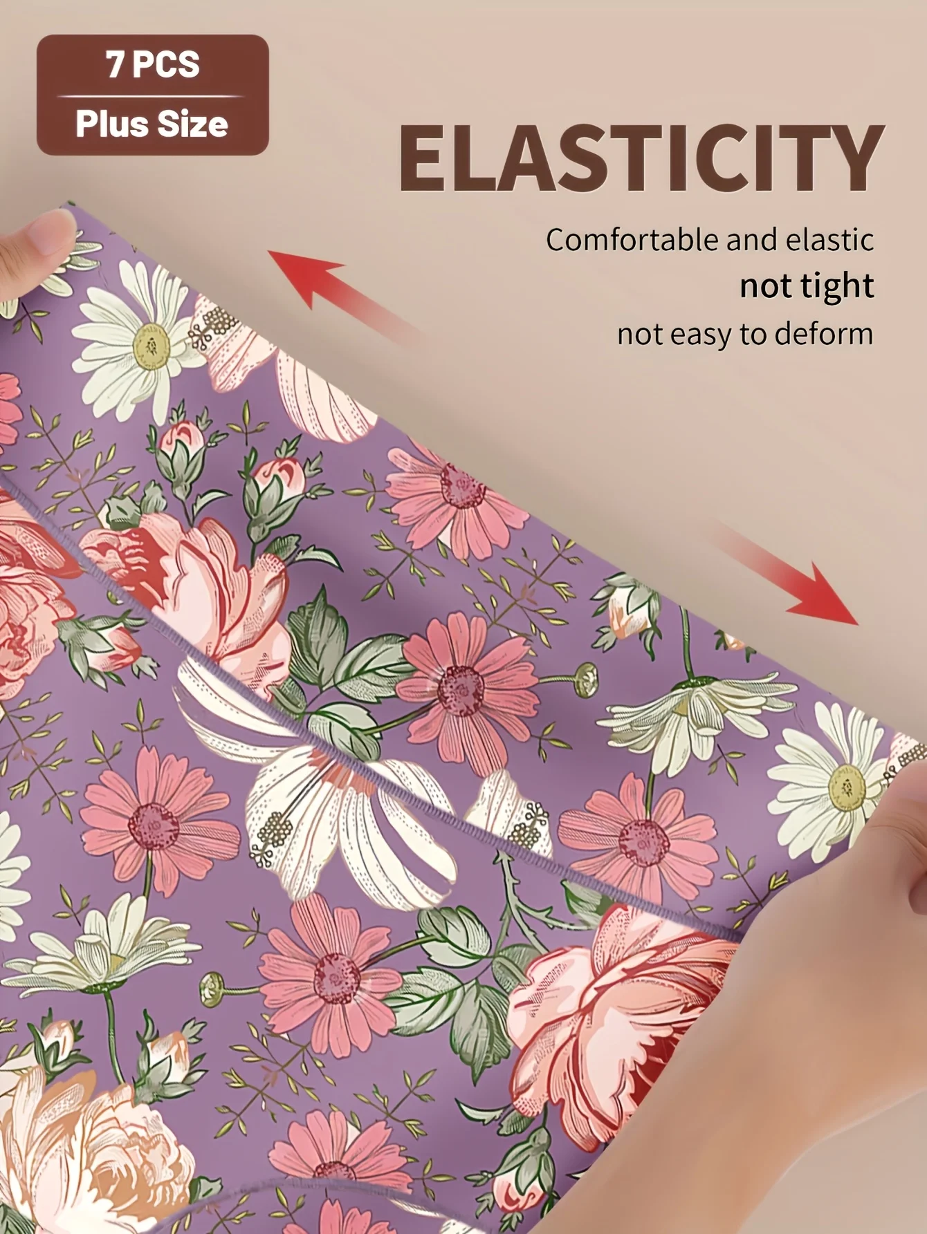7 قطع سراويل داخلية نسائية عالية الخصر مقاس كبير - طباعة زهور أنيقة، تحكم في البطن ورفع المؤخرة، مزيج بوليستر مسامي،