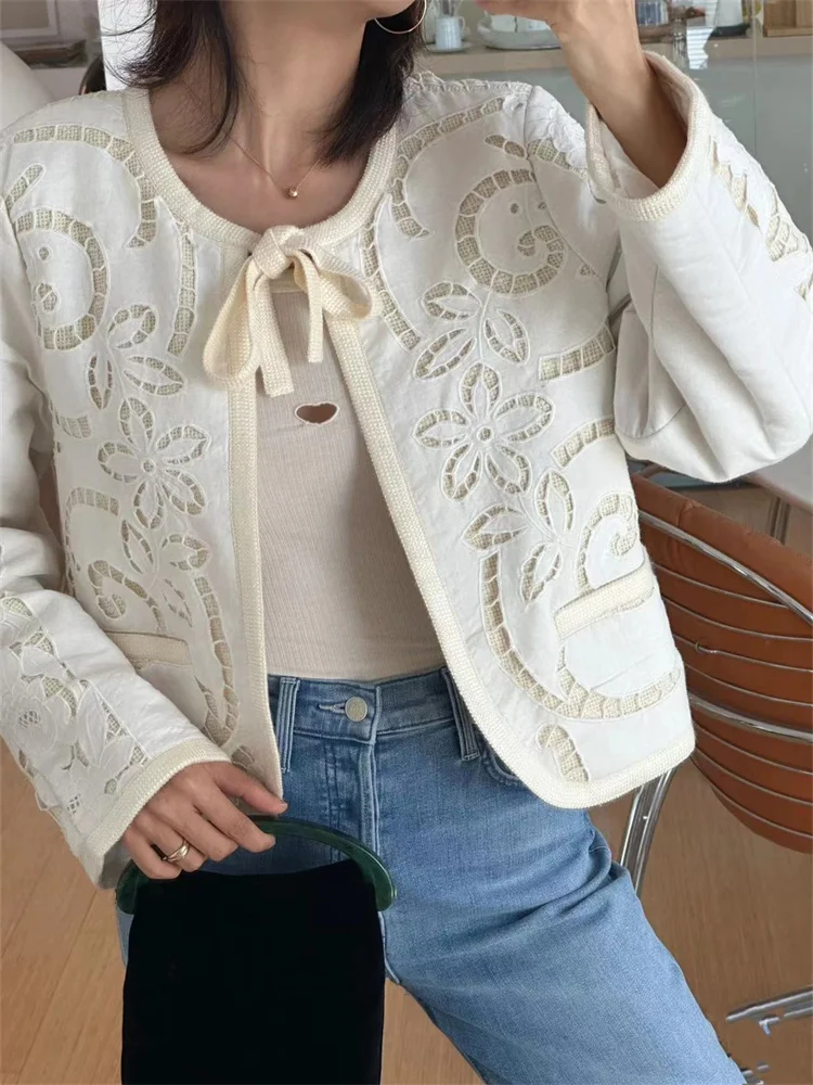 Round Neck Tied Ladies Long Sleeve Cotton and Linen Coat Outwear Tops Women Hollow Out Embroidered Jacket Early Autumn