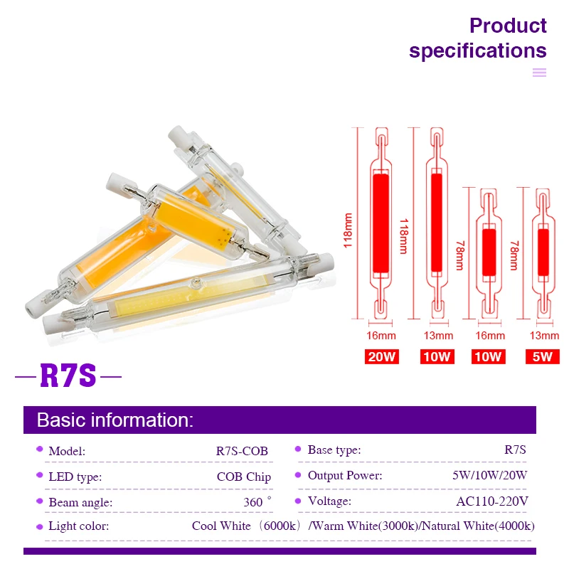 Lámpara halógena de reemplazo para el hogar, tubo de vidrio LED R7s COB de 5/10 piezas, 110V, 220V, 5W, 10W, 20W, 78mm, 118mm, J78 J118