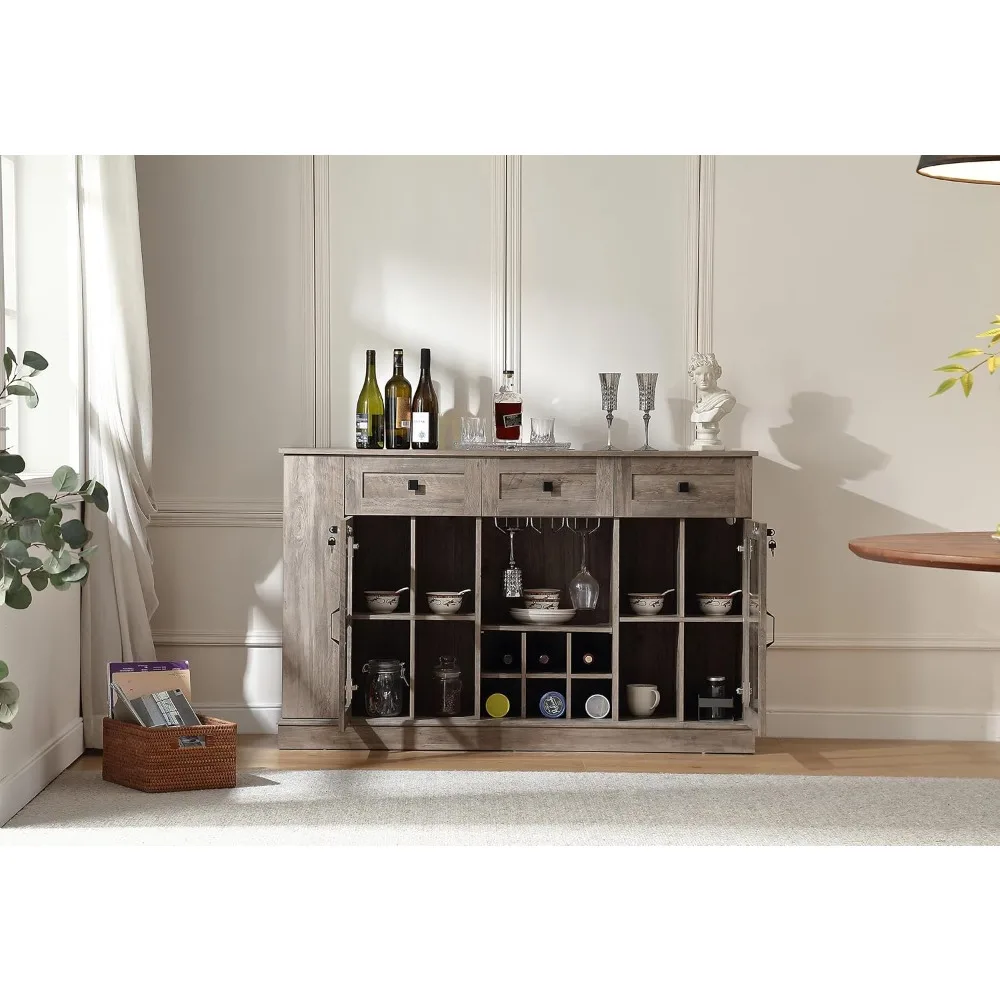 خزانة بار النبيذ والمشروبات مقاس 55.1 بوصة مع أقفال، و7 مصابيح LED، ورف منزلق، ورف مفتوح، و3 أدراج، وخزائن