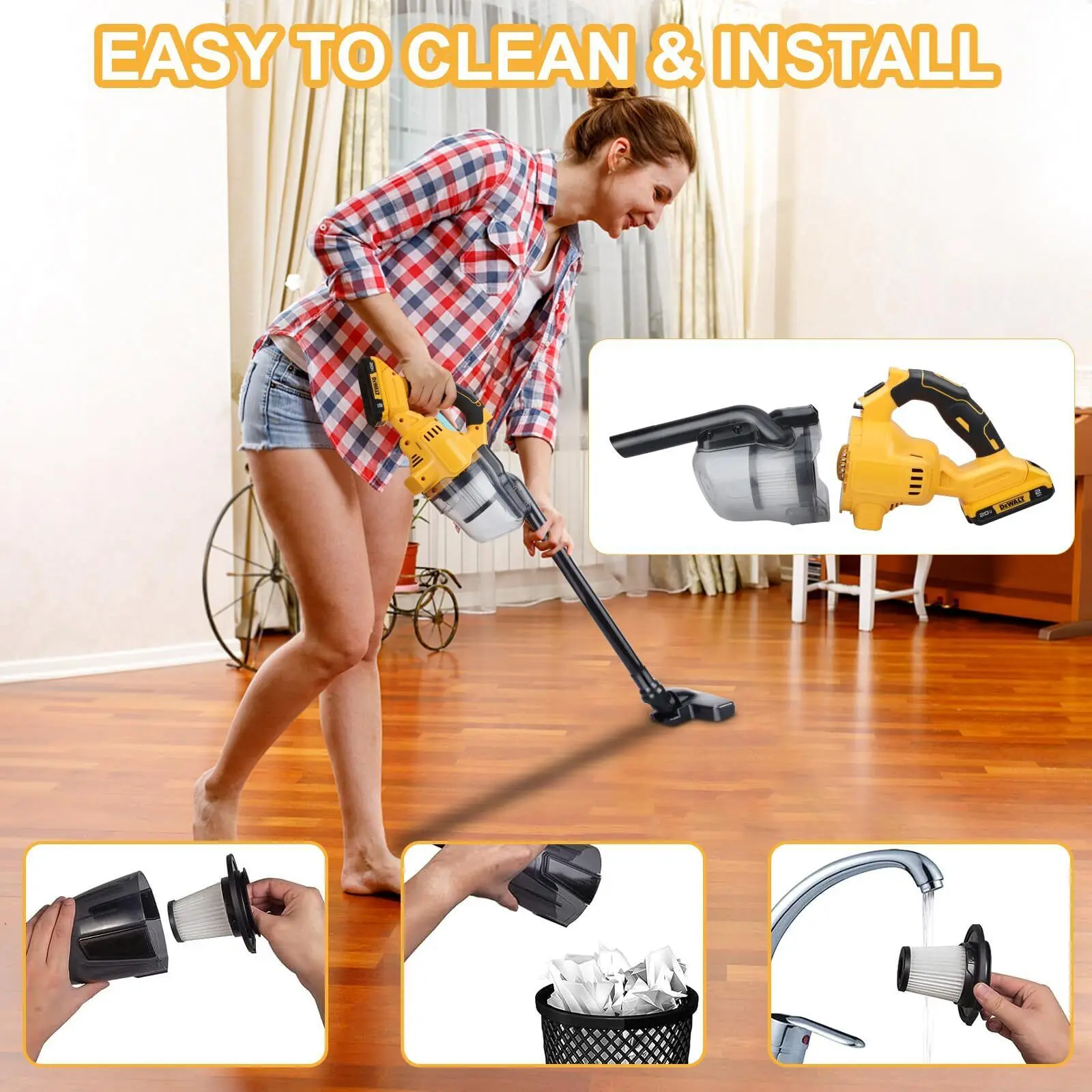 Wireless Handheld Vacuum Cleaner with 2pcs Filter Electric Cordless Vacuum for Home Car Pet Hair Clean For DeWalt 20V Battery