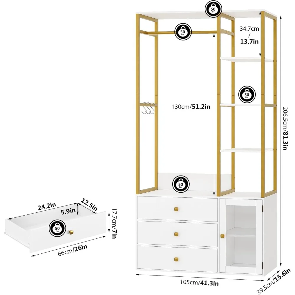 

81.3” H Wardrobe Closet with 3 Wooden Drawers, Clothes Rack with Hanging Rods, 4 Tiers Shelves