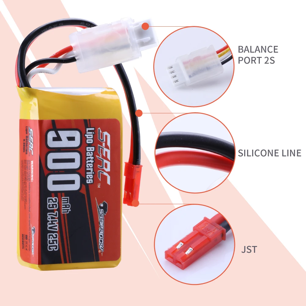 Sunpadow 2S Lipo Battery for 7.4V 900mAh 1350mAh 20C 25C Batteries Soft Pack with JST XT30 Plug for RC Airplane Quadcopter 2pack