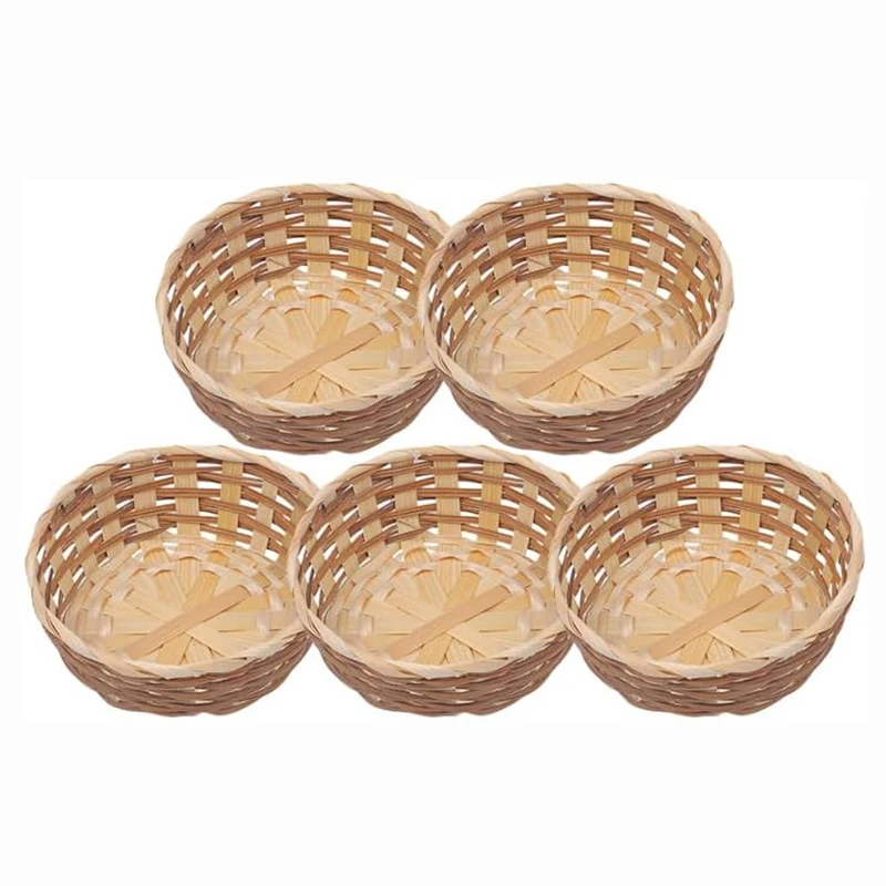

5Pcs Bamboo Fruit Basket, Round Display Tray Woven Bread Baskets, Food Serving Storage Basket for Kitchen Restaurant Decor