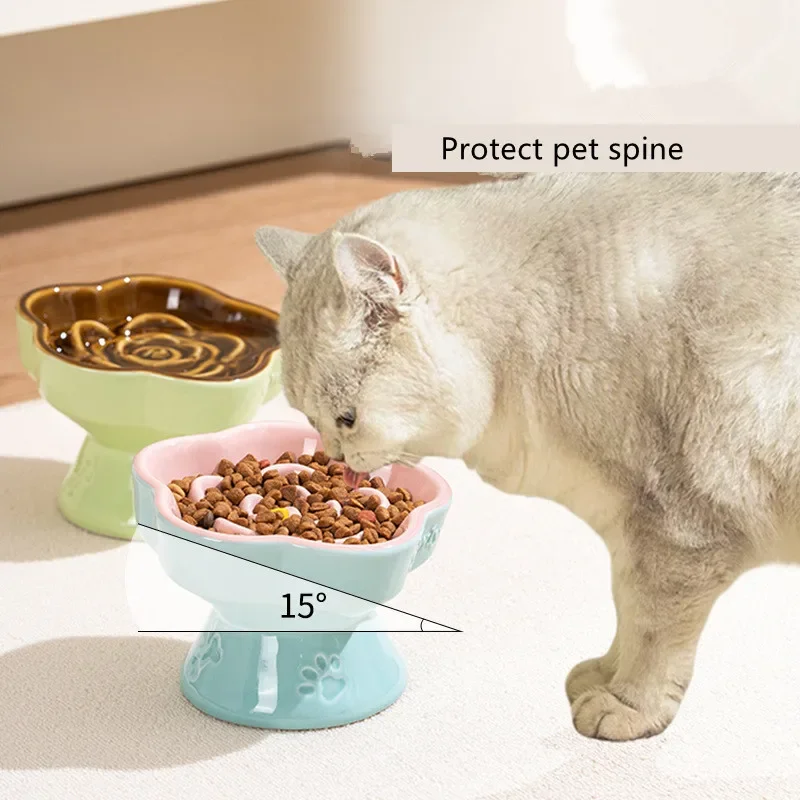 Cat Ceramic Slow Food Bowl High Foot Pet Eating Feeders Small Puppy Dogs Drinking Snack Bowls Cats Feeding Accessories