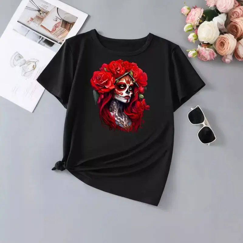 高弾性半袖ハロウィンウィッシュボトルTシャツ韓国スタイルラウンドネック通勤ファッションポリエステルブレンドレディーストップ