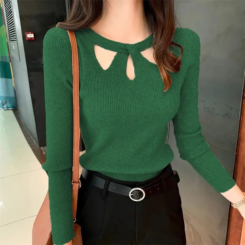 

2025 New Autumn and Winter Women's Slim Stretch Sexy Pullover Hollow Solid Color Sweater Slim Bottoming Shirt Sweater Ladies