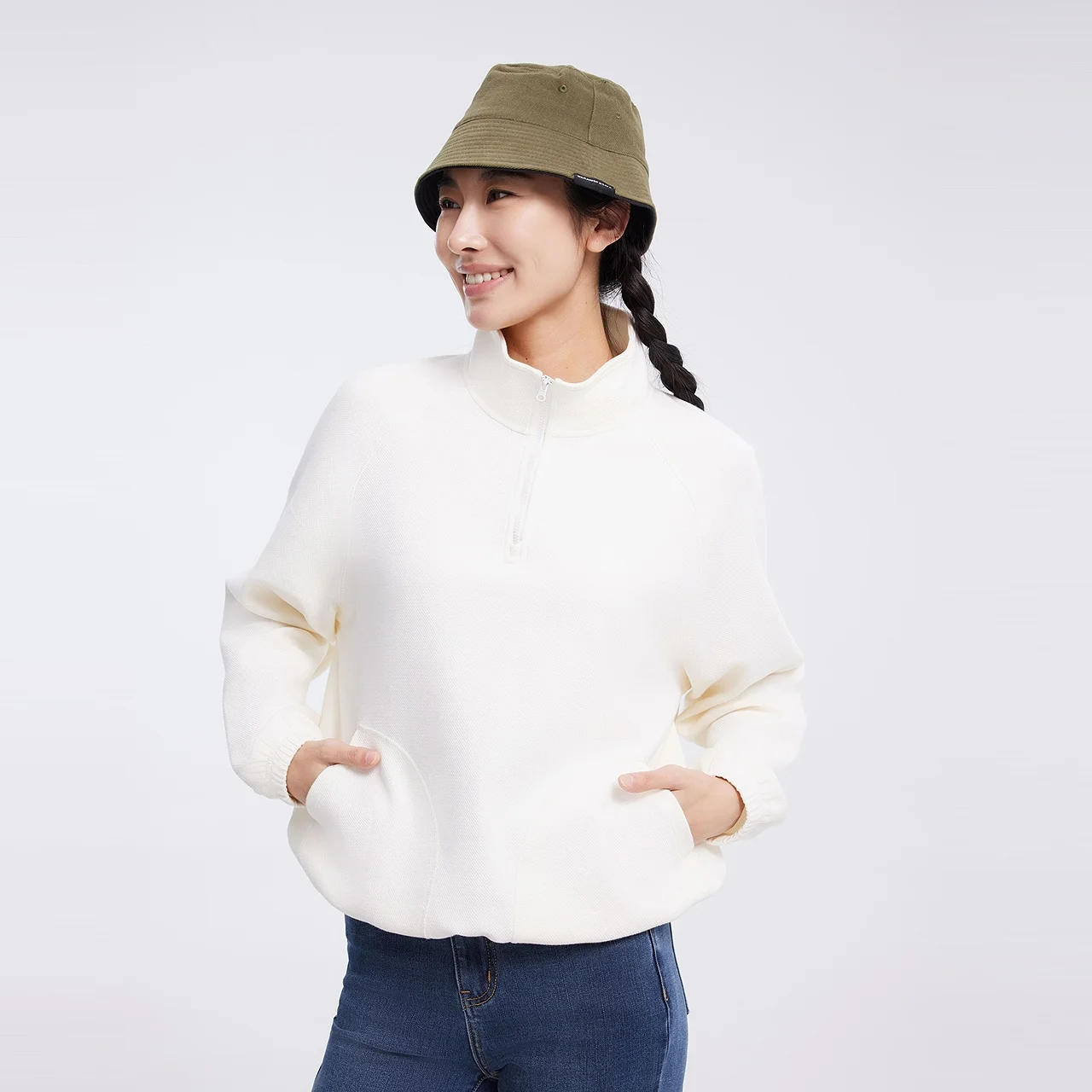 Metersbonwe Women Stand Collar Loose Hoodie Half Zipper Adjustable Elastic Hem Warm Fleece Sweatshit Spring Outdoor Pullover