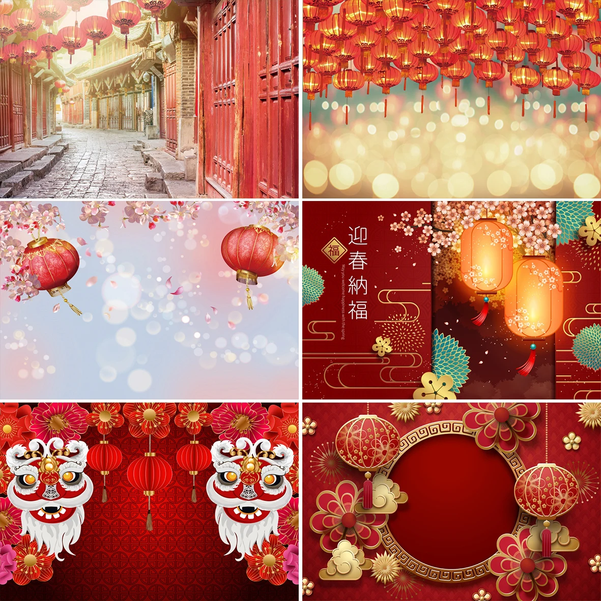 

Happy New Year Festivals Red Lantern Old Orient Chinese Building Family Party Photographic Background Indoor Photocall Backdrop