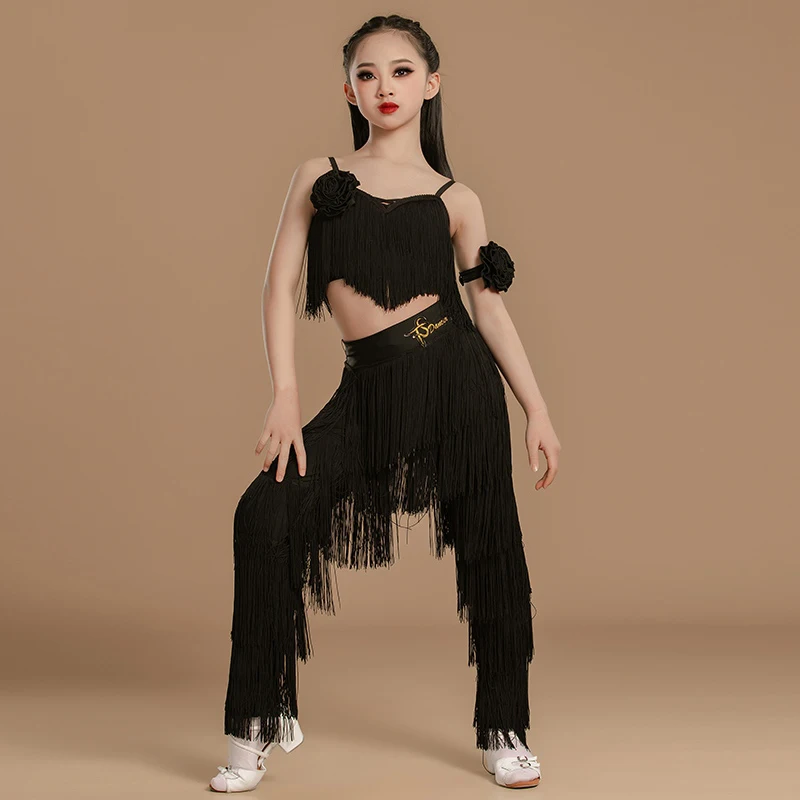 2025 roupas de franja trajes de desempenho de dança latina calças borla terno chacha samba rumba panos de competição de dança latina dn20014