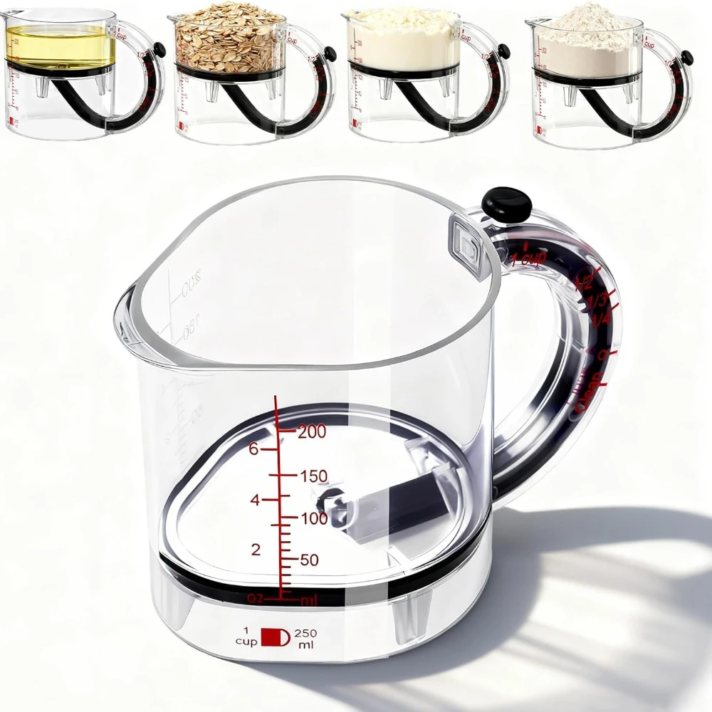

4-in-1 Measuring Cup with Adjustable Base Multi-Functional Push Measuring Cup with Scraper-Style Seal Base for Cooking Bakings
