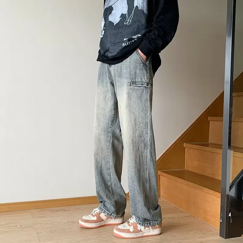 

American Casual Yellow Clay Dyed Men's Jeans Straight Loose Wide Leg Long Trousers Retro Floor-Length Autumn Trendy Brand