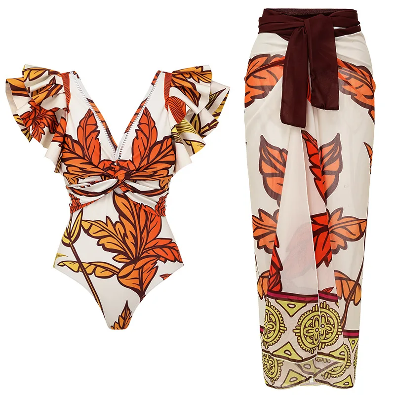 One Piece Swimsuit For Women European And American Swimwear Women's Air Layer Lotus Leaf Edge Maple Leaf Print Beach Vacation On