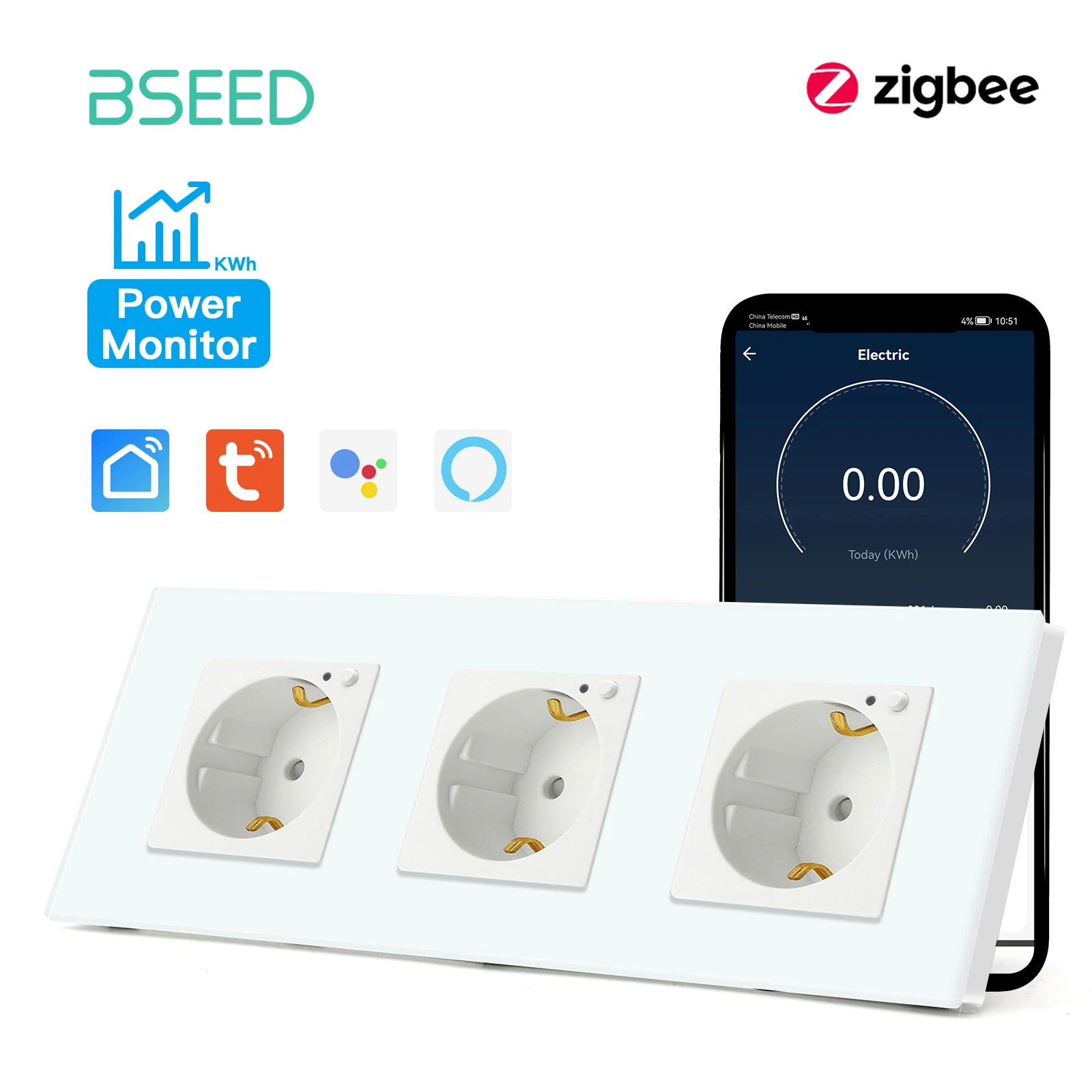 Bseed eu zigbee energie monitor wand steckdose kristallglas rahmen doppel smart outlets google home alexa smart life sprach steuerung