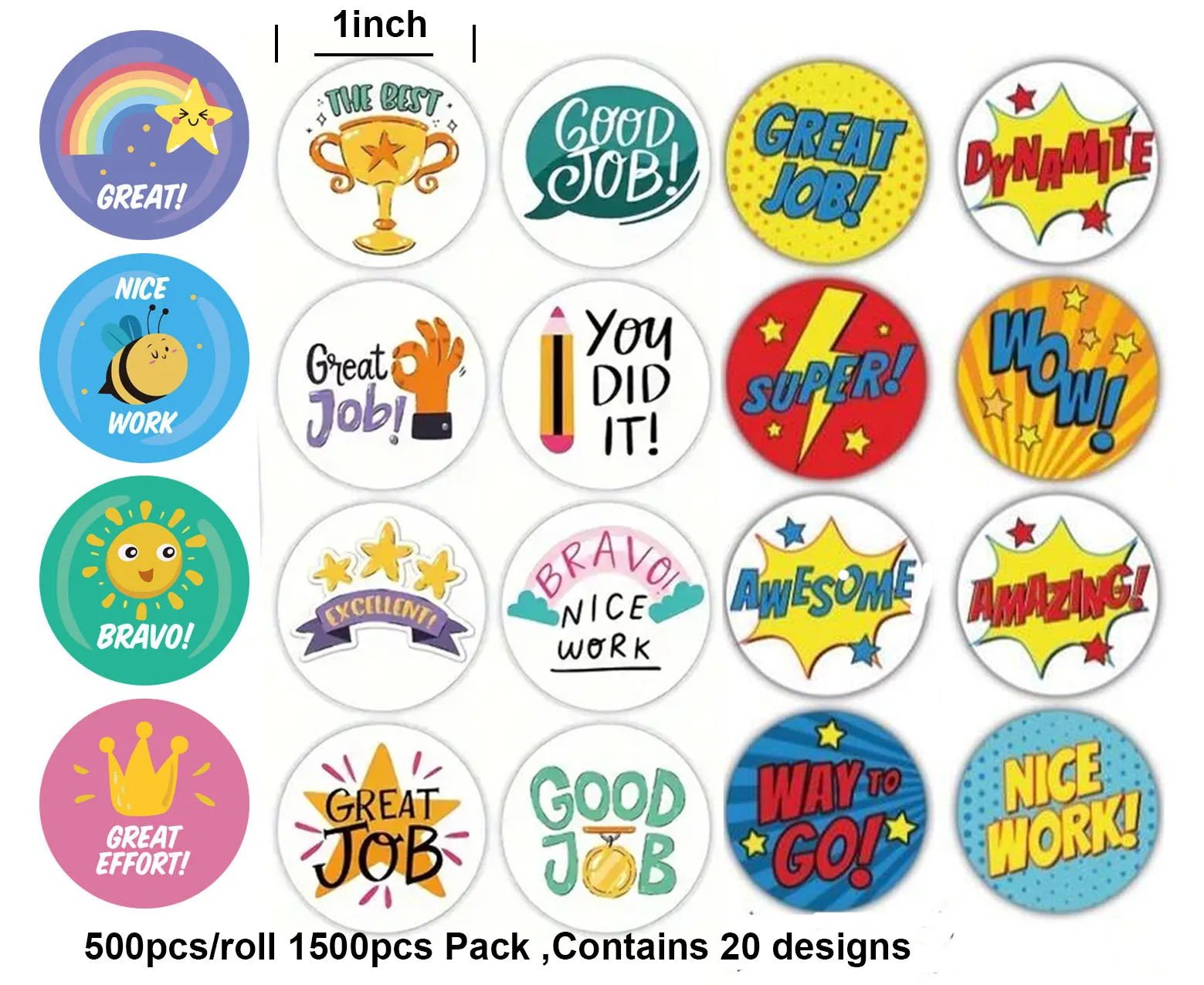 1500pcs Reward Stickers for Teachers Parents for Kids in 20 Designs. 1 Inch School Stickers. Teacher Supplies