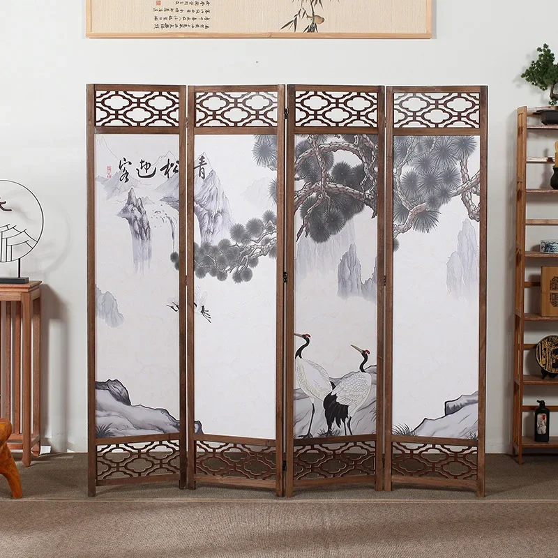 Lv ********gdong New Chinese-style four folding screens, oil cloth painting, engraved screen partition, folding and moving, full