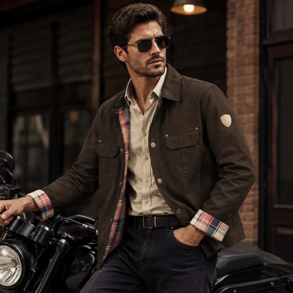 New Motorcycle Style Men's Jacket Duty Long Sleeved Jacket Spring / Autumn Style Retro Workwear Jacket Multi Pocket Workwear