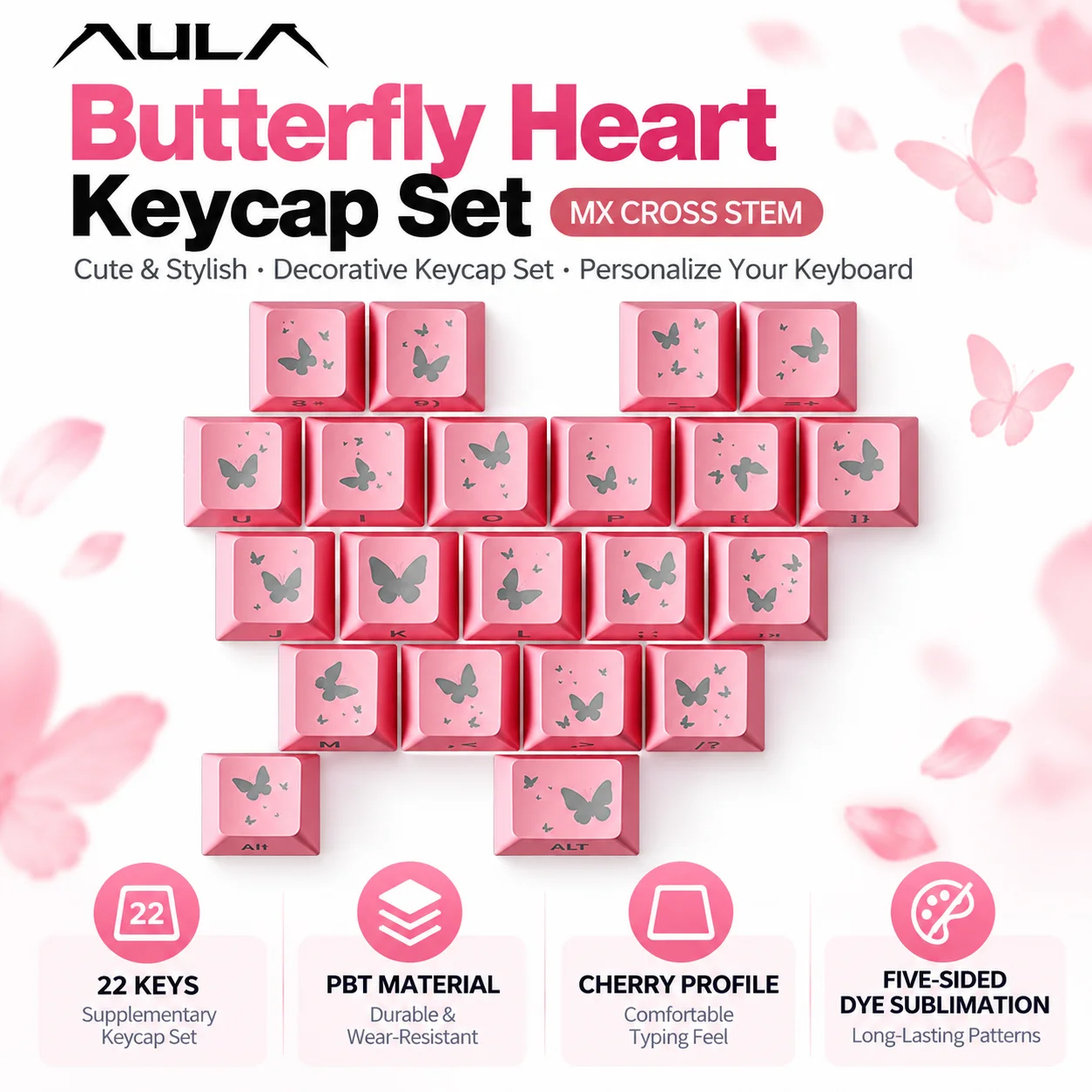 AULA Butterfly Heart Keycap Set 22 Keys PBT Cherry Profile Five-Sided Dye Sublimation MX Cross Keyboard