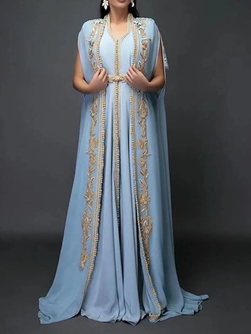 CustomizedLight Sky Blue Long Sleeve Chiffon Evening Dresses Moroccan Caftan With Gold Embroidery Islamic Dubai Saudi Arabic Pro