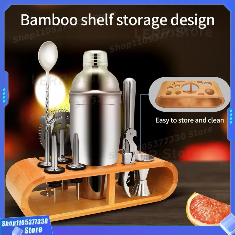 Stainless Steel Cocktail Shaker Set with Bamboo Base Bar Mixing Kit Snow Pot for Wine Party Home Bartender Tools Gift Bamboo