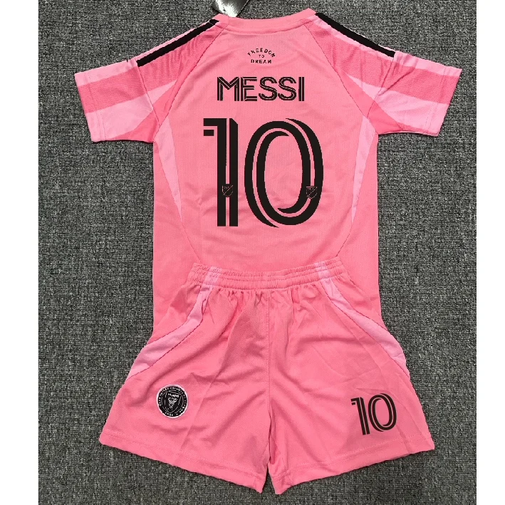 ملابس تدريب كرة القدم للأطفال، قميص ميامي ميسي 0 للمنزل والخارج، زي كرة قدم سريع الجفاف للأولاد والبنات باللون الوردي، طقم قصير