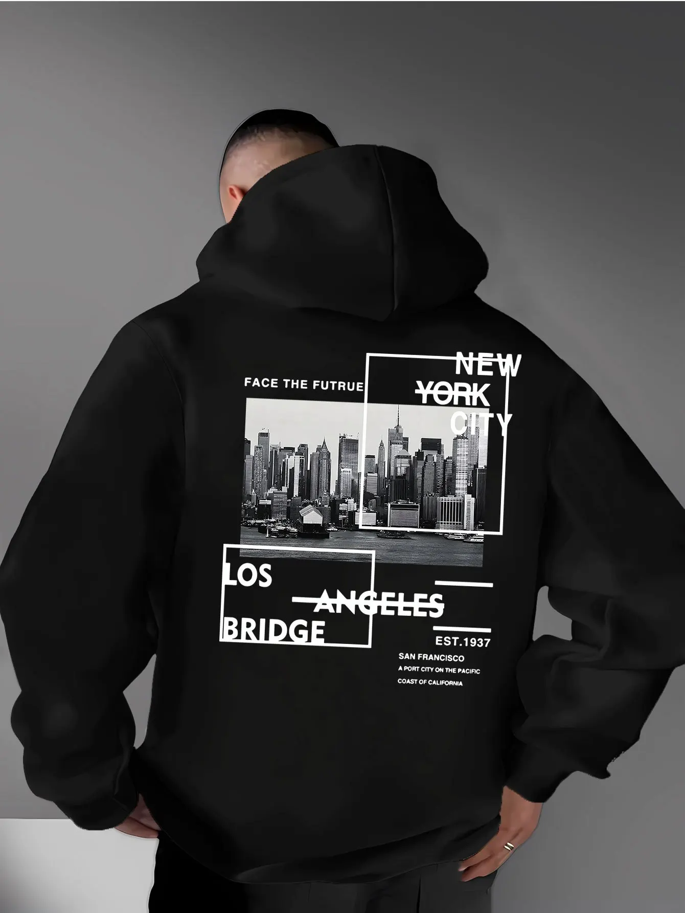Men's Hooded Sweatshirt with City Building Print, American Street Style Long Sleeve Casual Top S-3XL