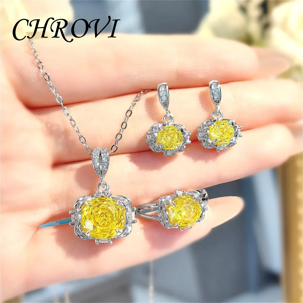 Light Luxury 925 Sterling Silver Millennial Rose Necklace Pendant, Diamond-Studded Earrings and Ring for Women