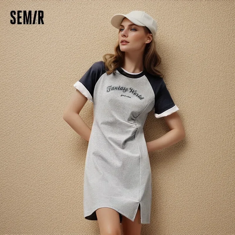 Semir Dress Women Shoulder Sleeve Slim Waist 2024 Summer New Letters Open Short Dress Sports Wind Trend