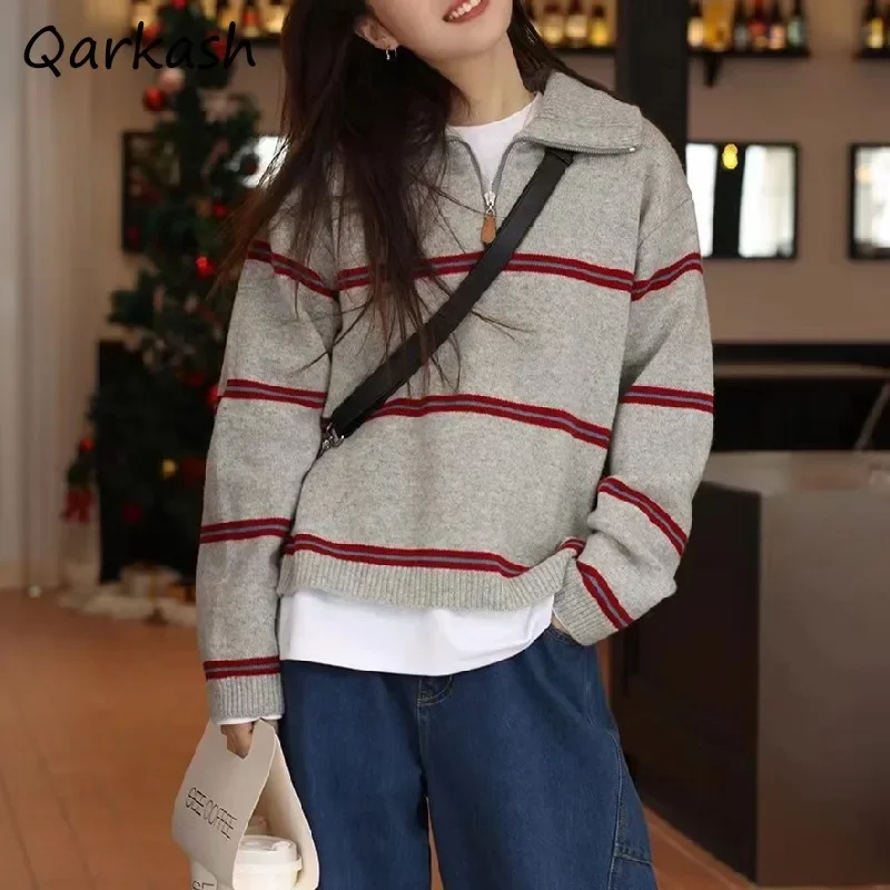 

Pullovers Women Autumn Winter Japaness Style Zipper Striped Loose Sweaters Knitted Vintage Warm New Casual All-match