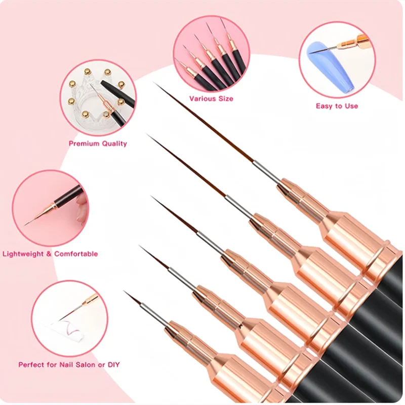 Manico in metallo 5 pezzi 4/8/12/20/25mm pennelli per Nail Art Liner Set linee ultrasottili Striping pittura Nail Design penna strumento per Manicure