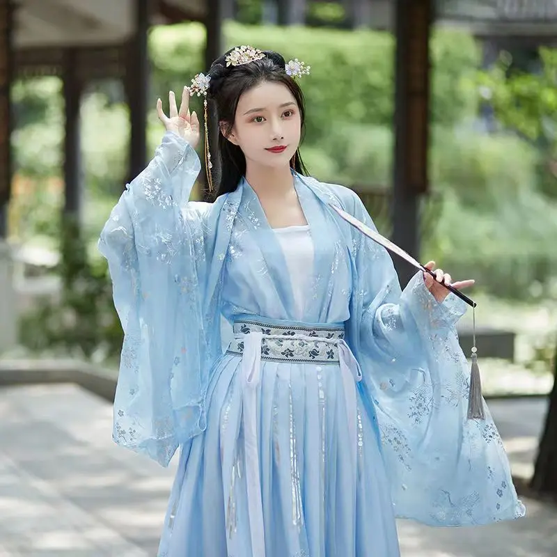 2022 New Hanfu Women Chinese Traditional Embroidery Stage Dance Dress Female Fairy Cosplay Costume Hanfu  Blue For Women