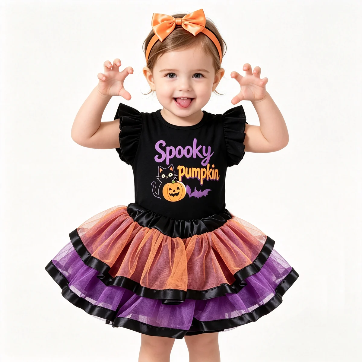 Kids Baby Girls Halloween Tutu Dress Spooky Pumpkin Black Cat Print Flutter Sleeve T Shirt Headband Set Cosplay Party Outfit