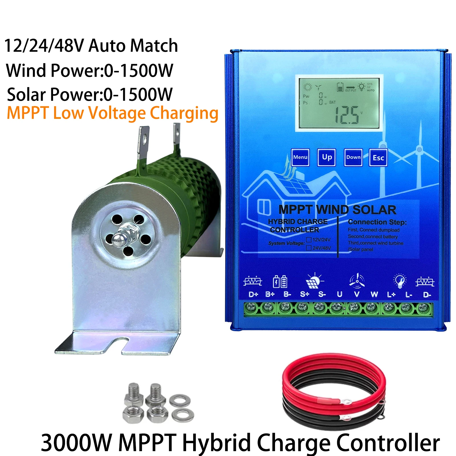 

12V 24V 48V MPPT Wind Turbine Solar Panel System Controller 3000W 2400W 2000W 1600W 1200W Hybrid Wind Solar PV Charge Controller