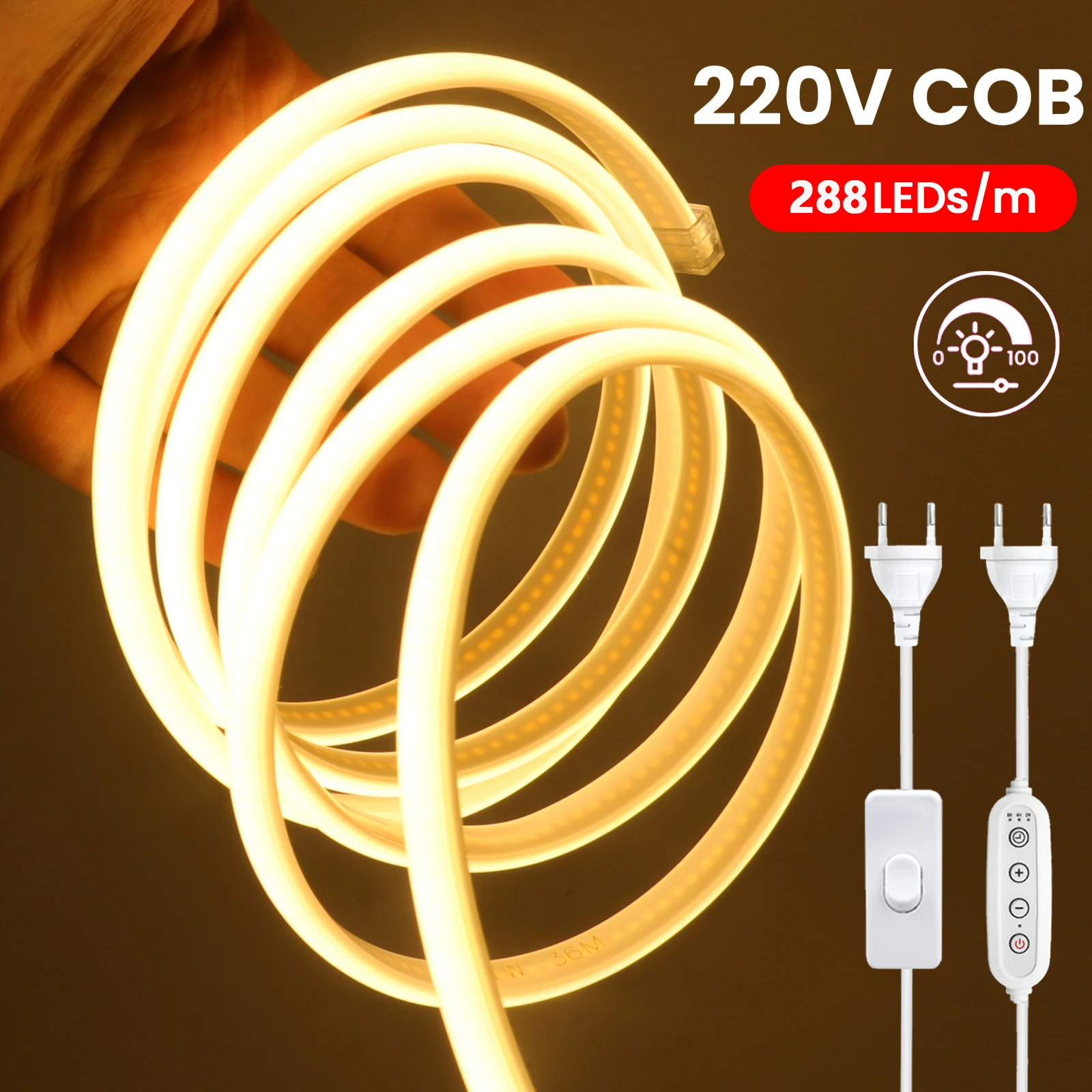 220V Dimmable Switch COB LED Strip Neon Light Dimmer Power Kit Waterproof 288LEDs Kitchen Room Decor Flex Lamp 3000K 4000K 6000K