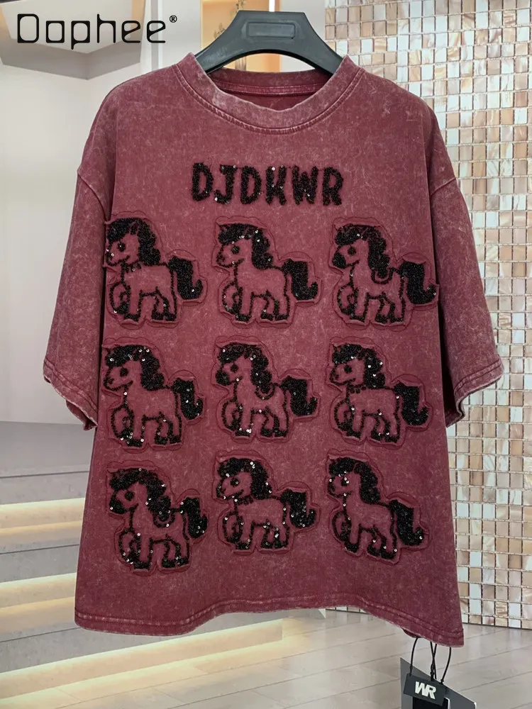 

Модная абсолютно новая модная свободная футболка с короткими рукавами и тяжелыми блестками с мультяшной нашивкой для женщин, футболка большого размера