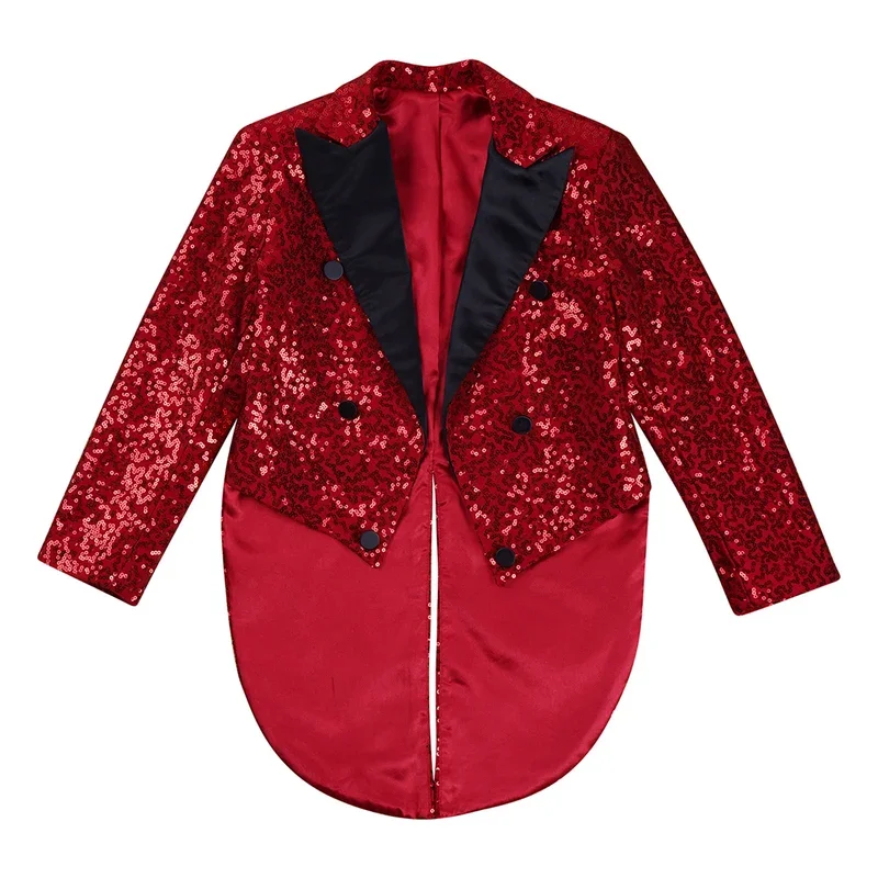 Kid Boys Sequin Tailcoat Jazz Dance Jacket Satin Glittery Lapel Open Front Long Sleeve Blazer Suits RaveParty Magic Shows Outfit