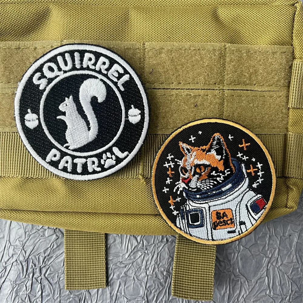 Space Astronaut Cat Embroidered Patch for Clothes Patrol Squirrel Patches Backpack Tactical Equipment Hook & Loop Animal Emblem