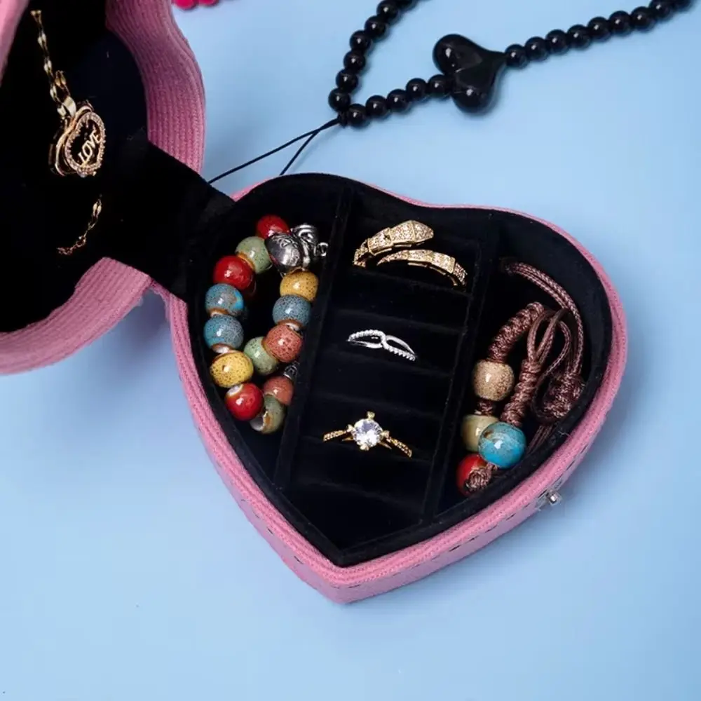 Heart Shaped Jewelry Ring Storage Box Retro Style Pure Color Cosmetic Bag Embroidered With Strap Mini Jewelry Box Earrings