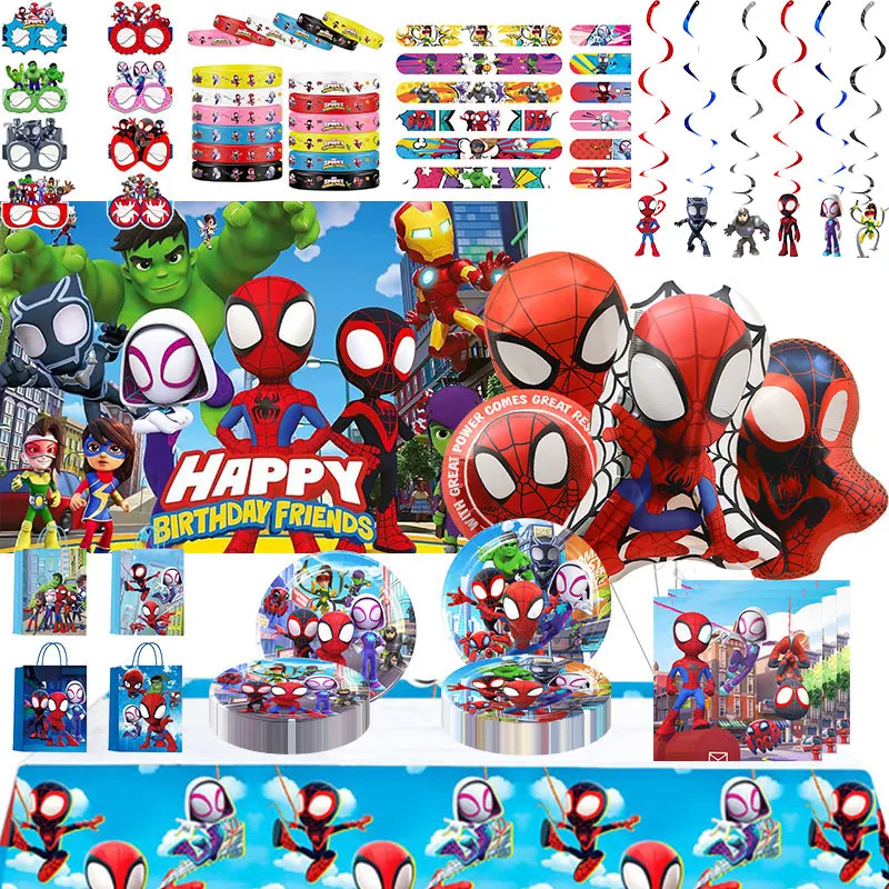 Décorations d'anniversaire Spidey et ses amis, articles de fête, vaisselle, gobelets, assiettes, ballons, bannière, sacs cadeaux, décorations de gâteau, fournitures pour enfants