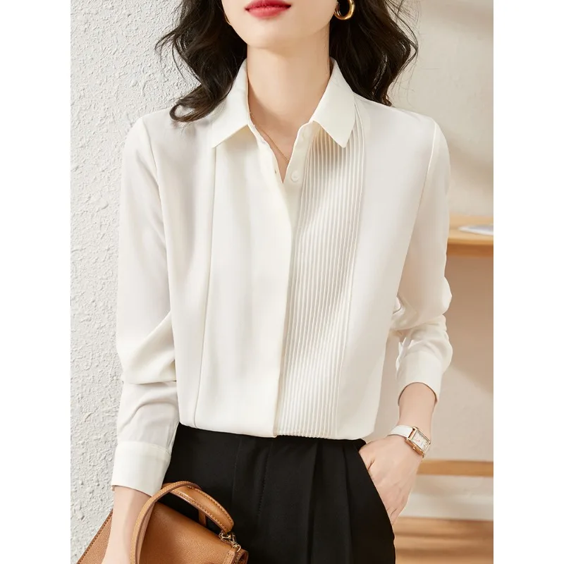 

Elegant White Long Sleeve Shirt for Women Commute Professional Office Wear Spring Autumn High Quality Straight Cut French Style