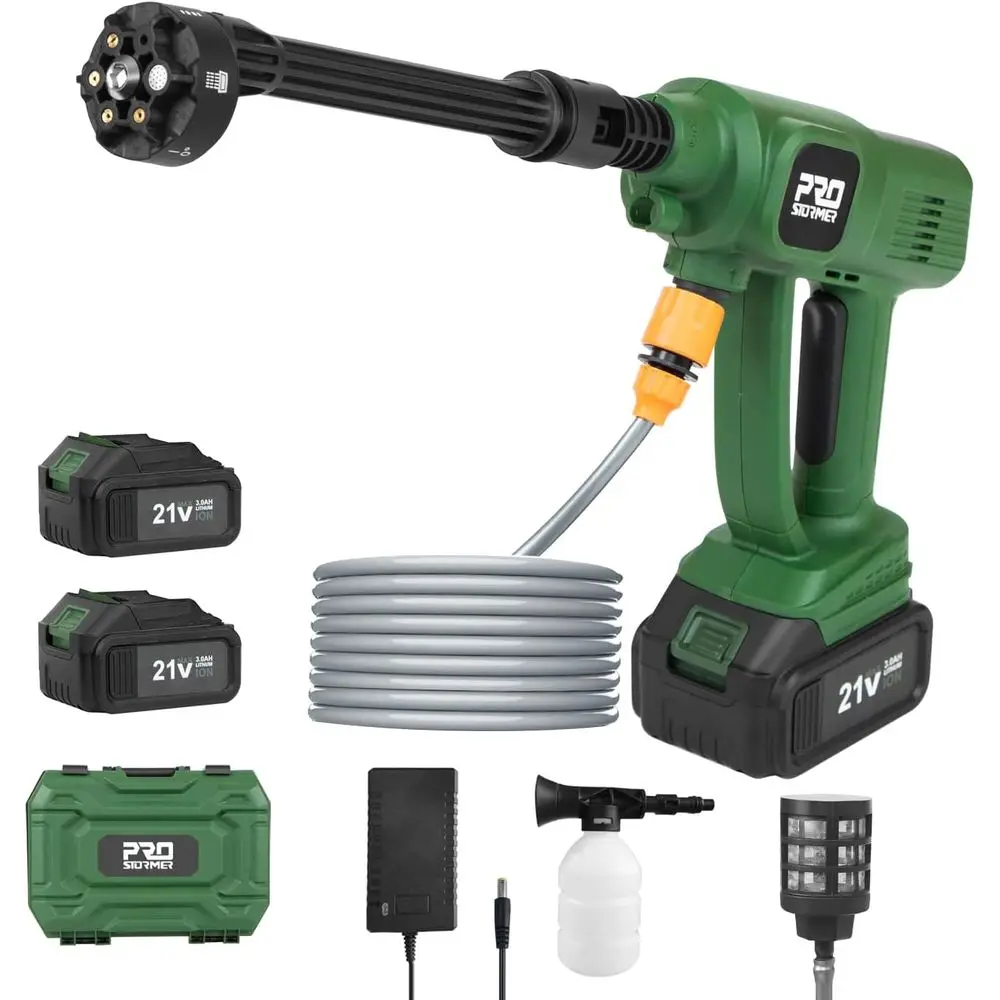 

Портативная мойка 1.2GPM с 2 аккумуляторами 3000 мАч, насадкой 6-в-1, пеногенератором и шлангом 16.4 футов для уборки и полива