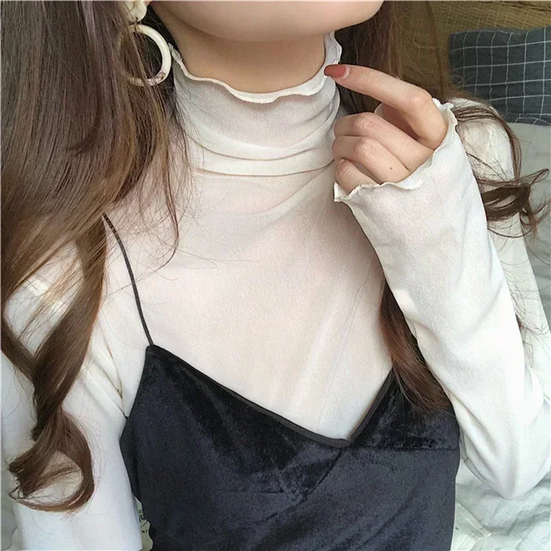 High Neck Sheer Mesh Top Women Clothing Long Sleeve Turtleneck T-shirt Korean Sexy See Through Black White Pink Purple Shirt New