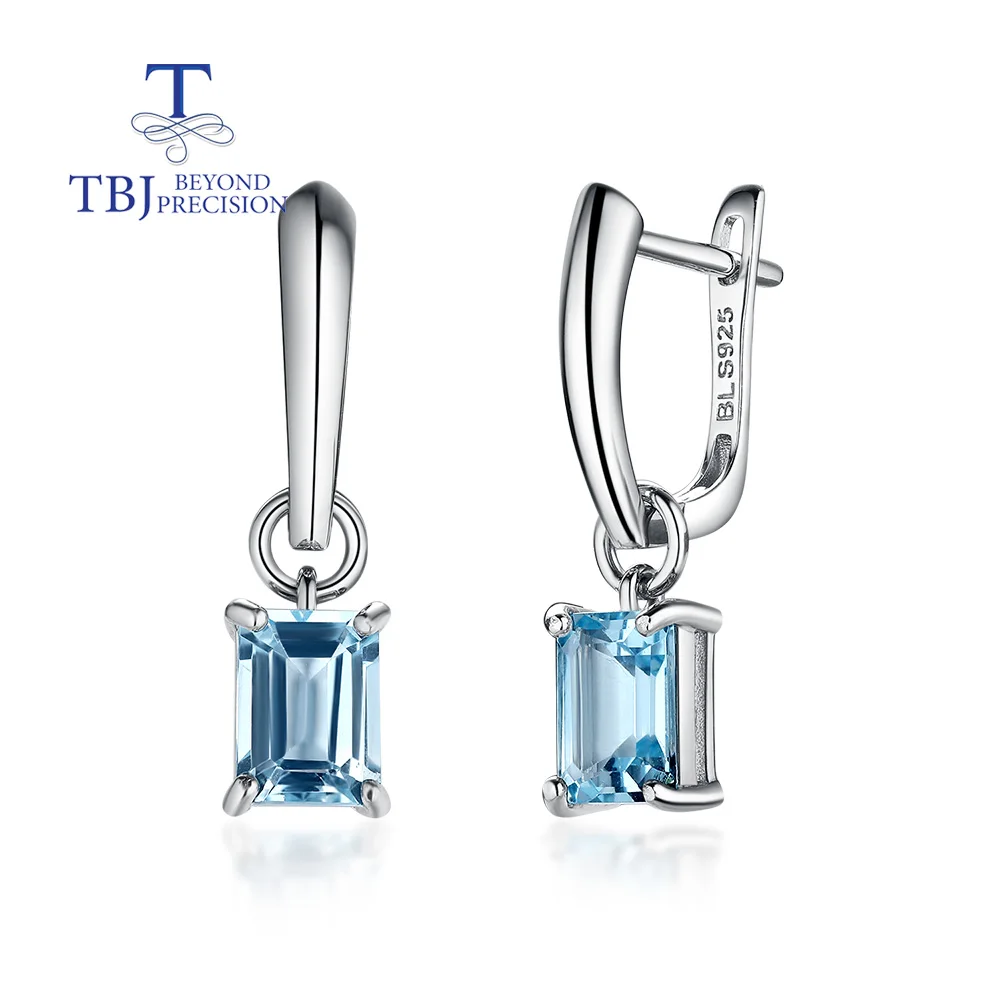 Simple stylish Natural Sky Blue Topaz fine earrings for Women's anniversary party with 925 sterling silver