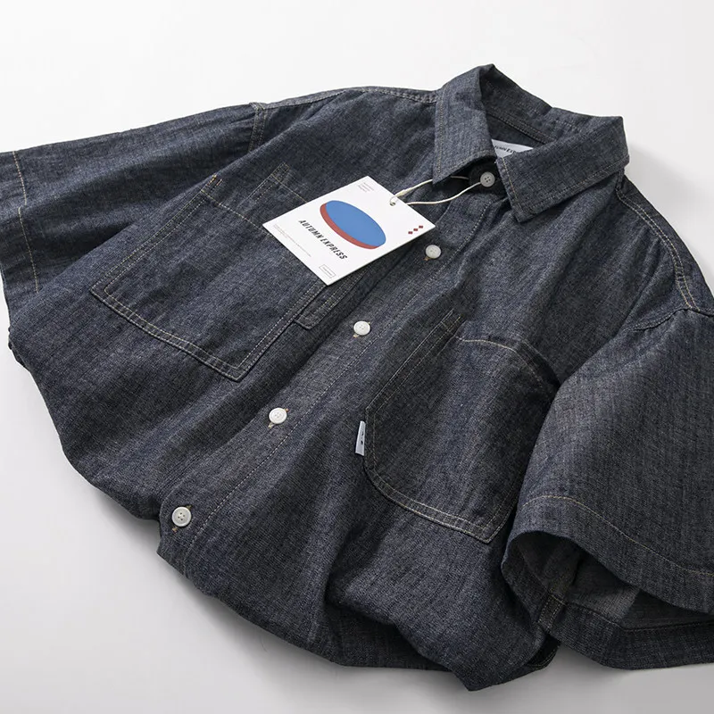 100% Cotton Heavyweight Washed Denim Shirt for Men Summer Style Pocket American Vintage Workwear Shirt Dark Blue Casual Tops