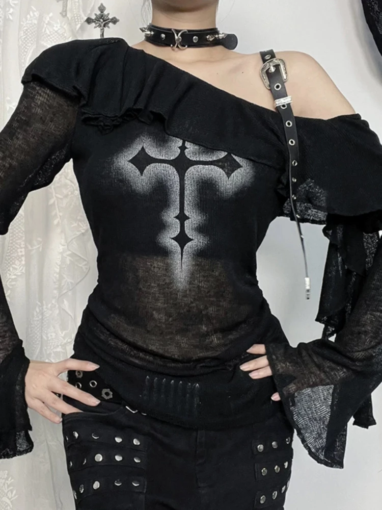 Deeptown Black Gothic Graphic T-Shirts Women Y2k Grunge Punk Off Shoulder Tees Sexy See Through Tops Vintage Flared Sleeve Tees